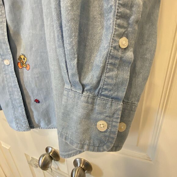 Vtg Warner Bro Tweety Bird Chambray Embroidered BLUE Women’s Denim Button Up L - Picture 6 of 9